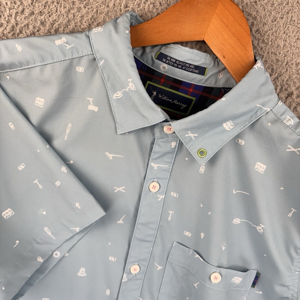William Murray Shirt Men Medium‎ Light Blue All Over Print Golf Funny Button
